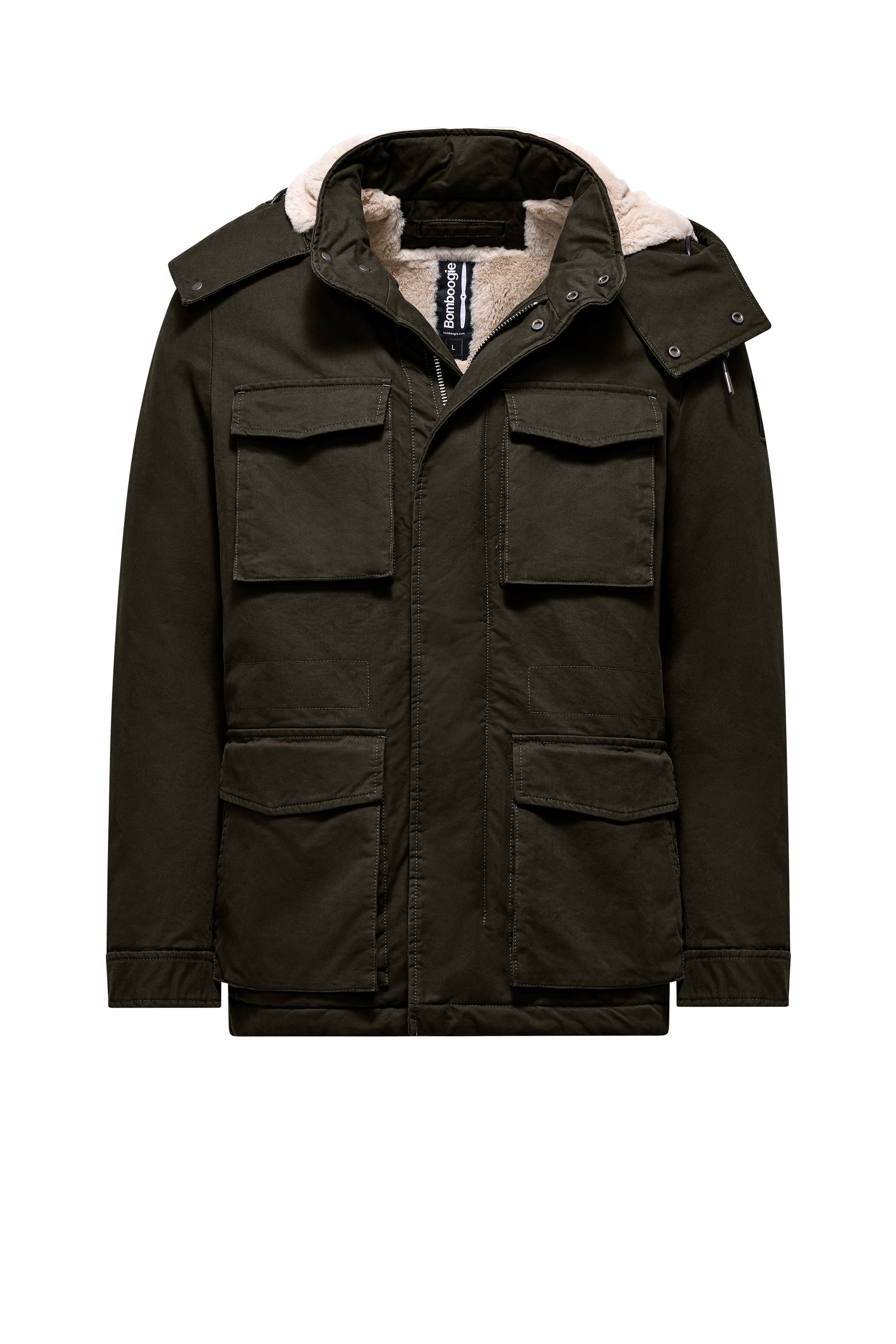 Short cotton jacket with detachable hood and faux fur