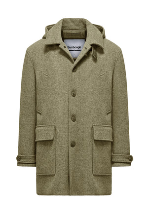 Men's long coat in Shetland wool with multiple pockets and padding