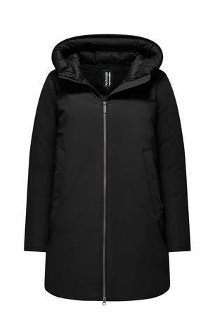 Long bi-material down jacket with hood