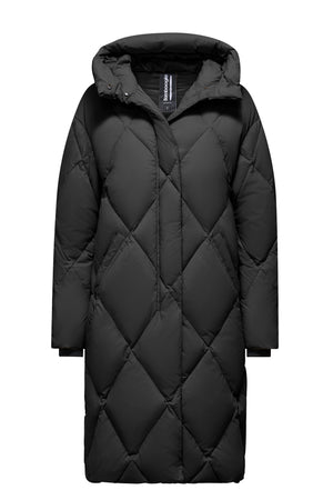 Quilted long down jacket with quilted hood