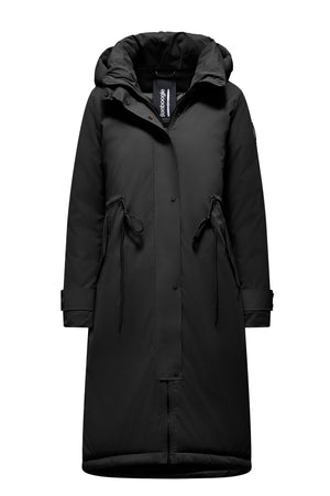 Long parka with hood and drawstring waist