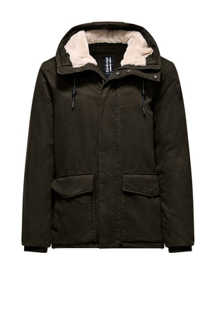 Short cotton jacket with hood and faux fur