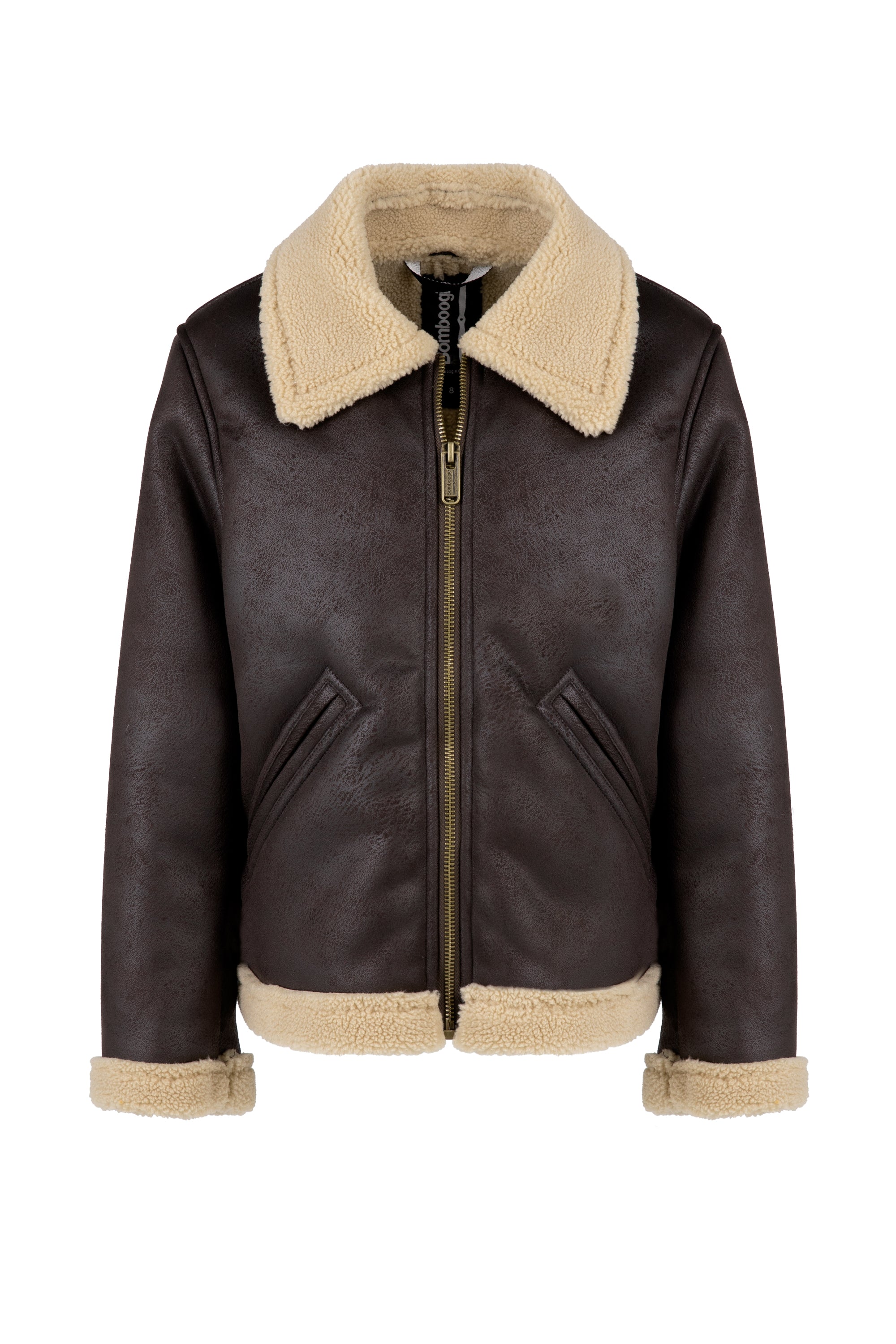 Boys' faux shearling-effect eco-leather jacket with sherpa lining