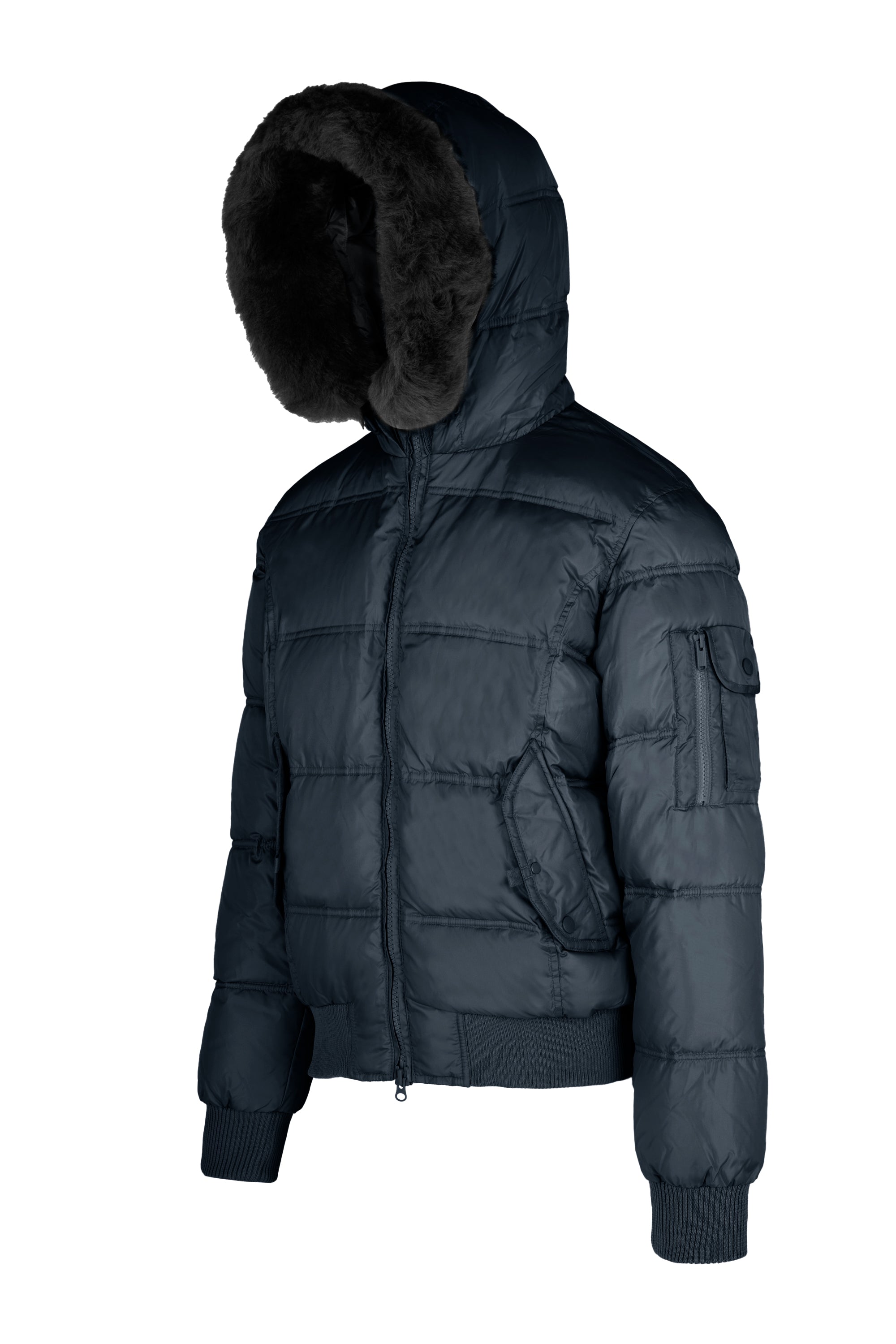Down Padded Bomber Jacket with Hood featuring Genuine Black Fur