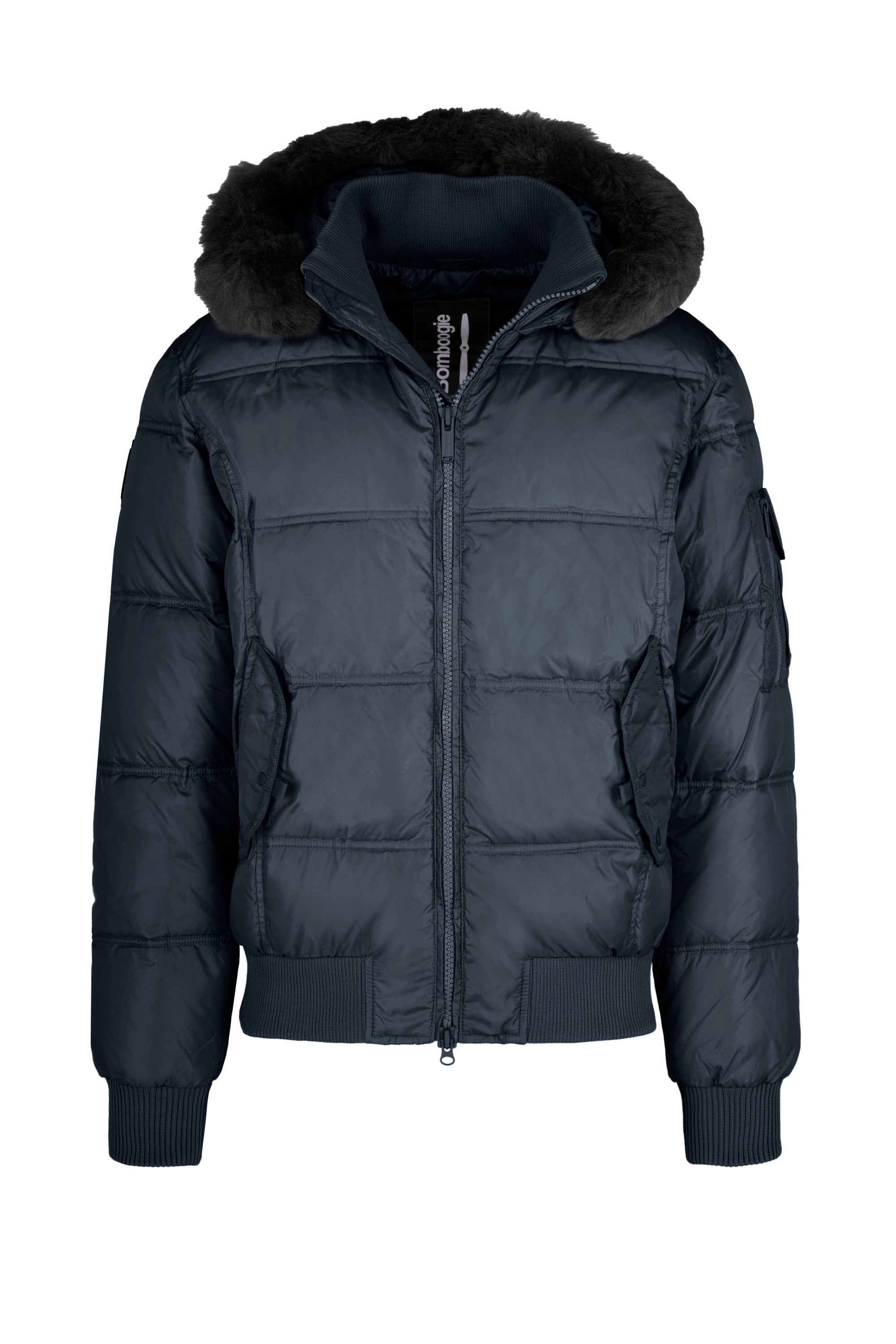 Down Padded Bomber Jacket with Hood featuring Genuine Black Fur