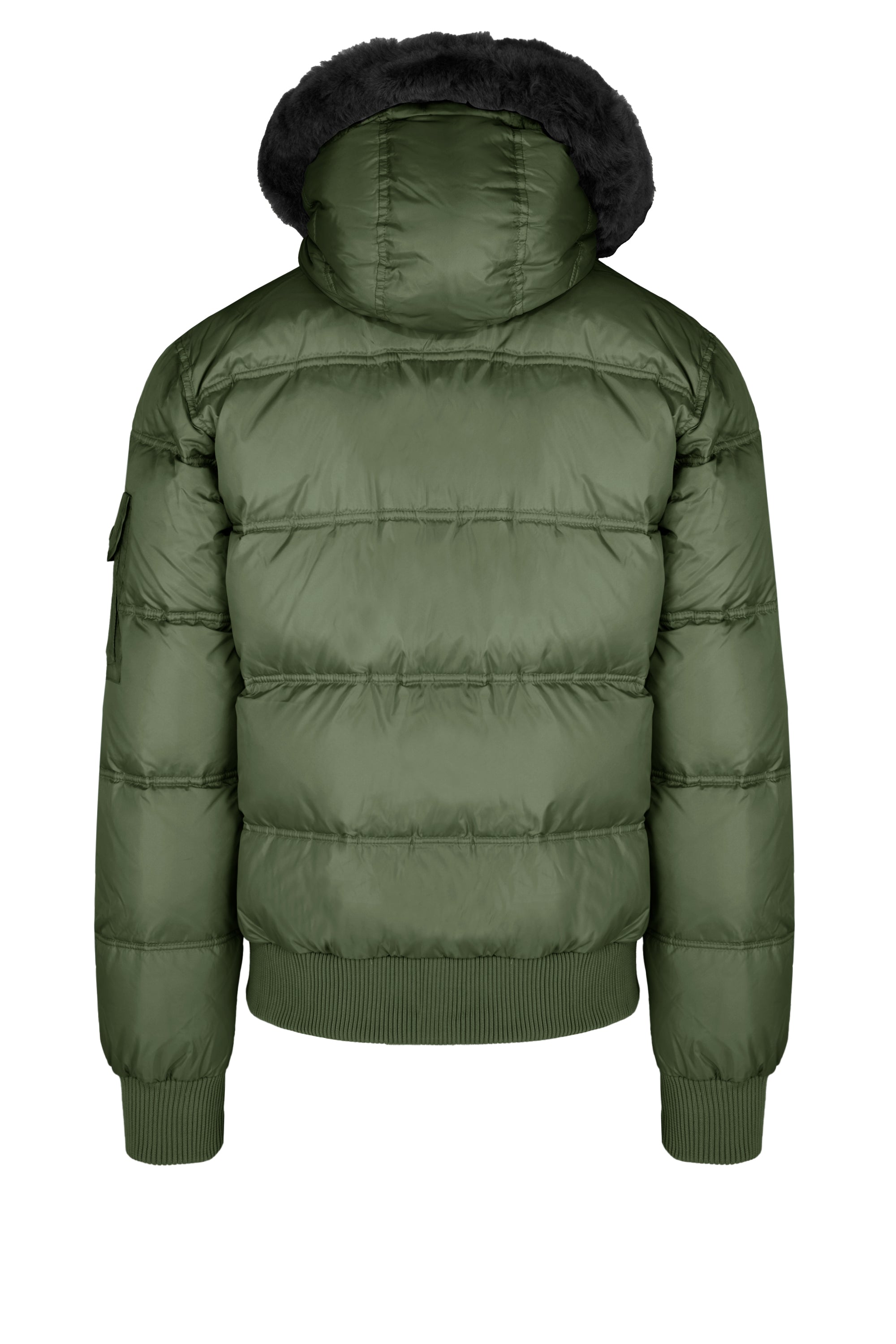 Down Padded Bomber Jacket with Hood featuring Genuine Black Fur