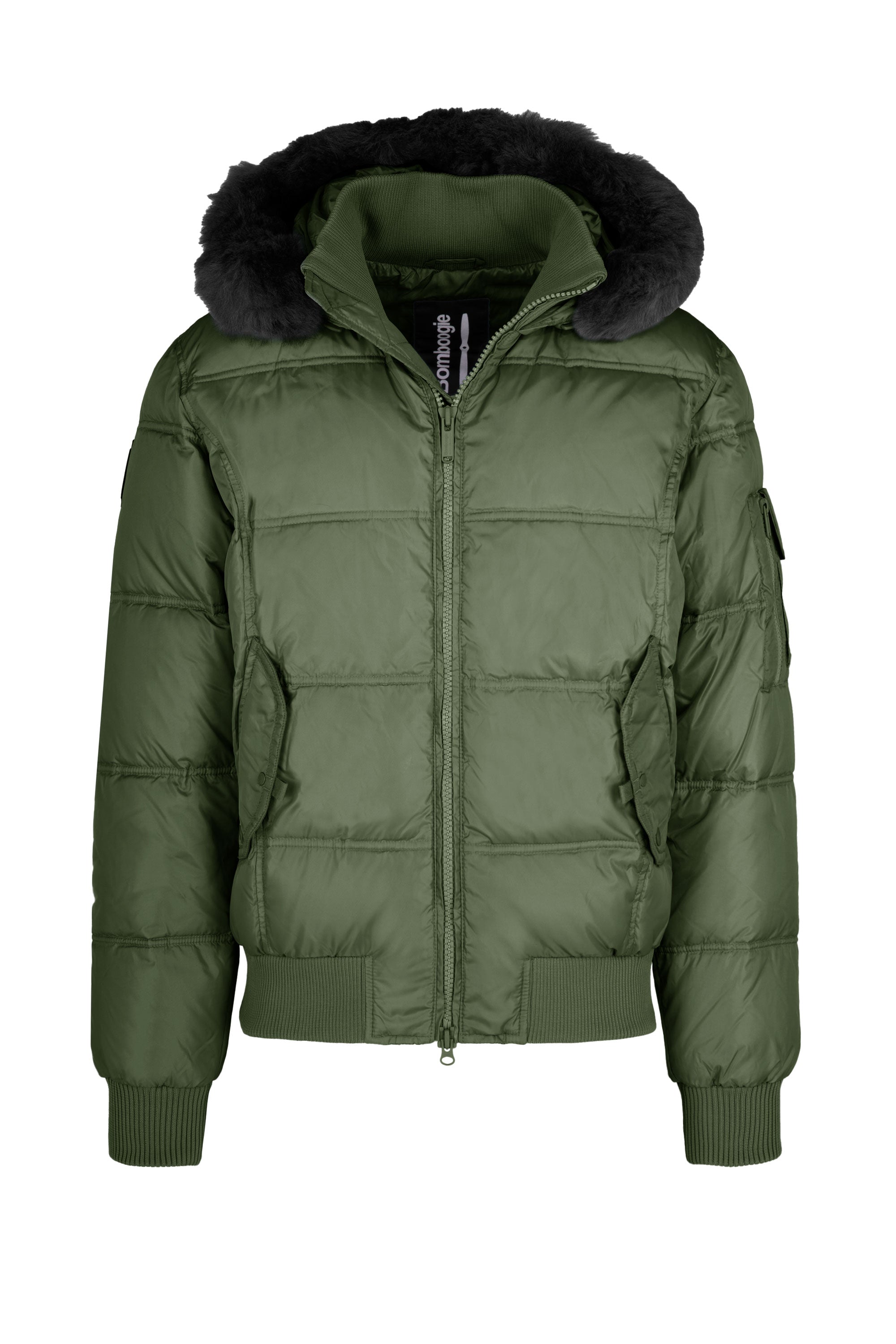 Down Padded Bomber Jacket with Hood featuring Genuine Black Fur