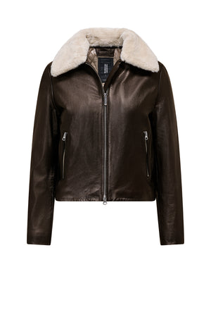 Leather jacket with detachable faux fur collar